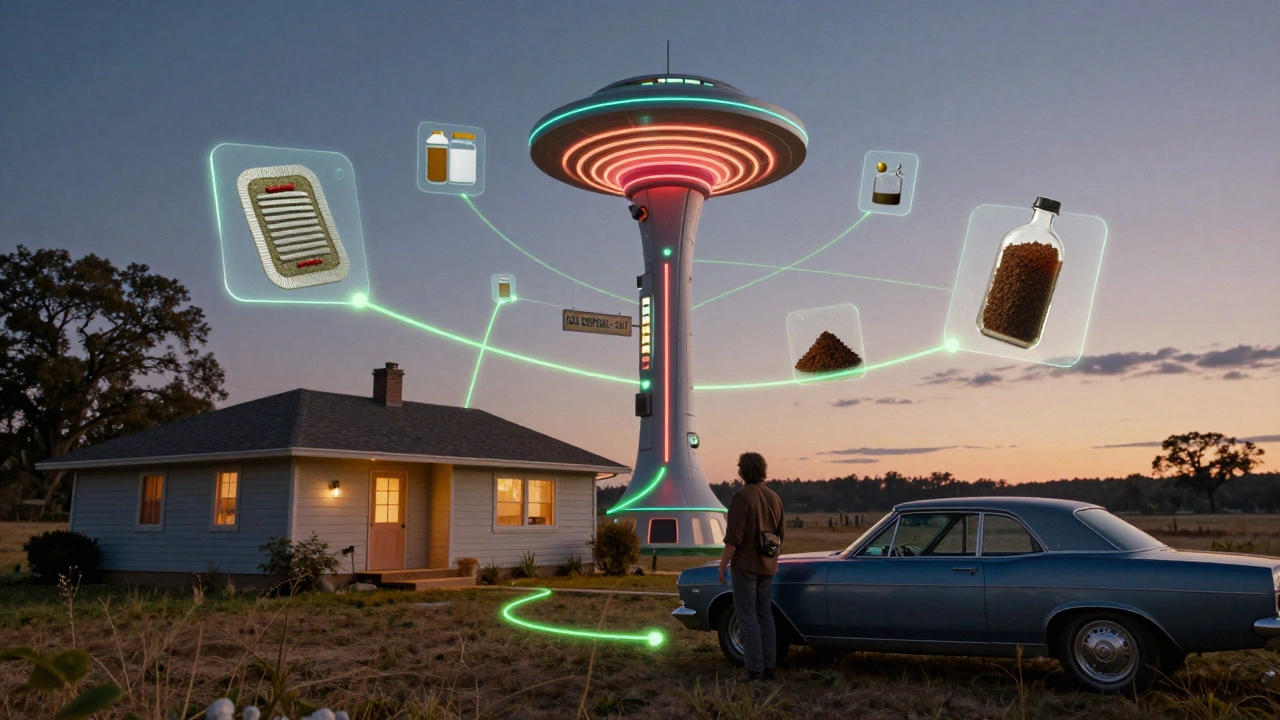A person at home looking toward a futuristic drug take-back kiosk under a starry sky.