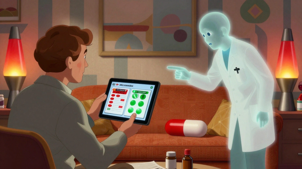 A person comparing two digital drug checkers on a tablet, with a ghostly pharmacist pointing out a hidden herbal supplement under a couch.
