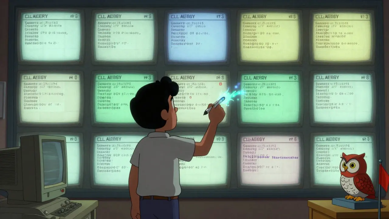 A person correcting conflicting medical records on glowing vintage screens with a futuristic stylus.