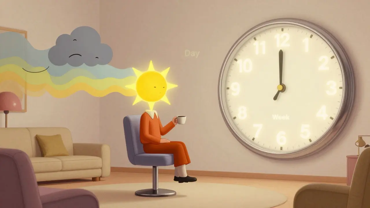 A person in a 70s-style room watching emotional waves shift from gray to gold as a glowing clock counts weeks.