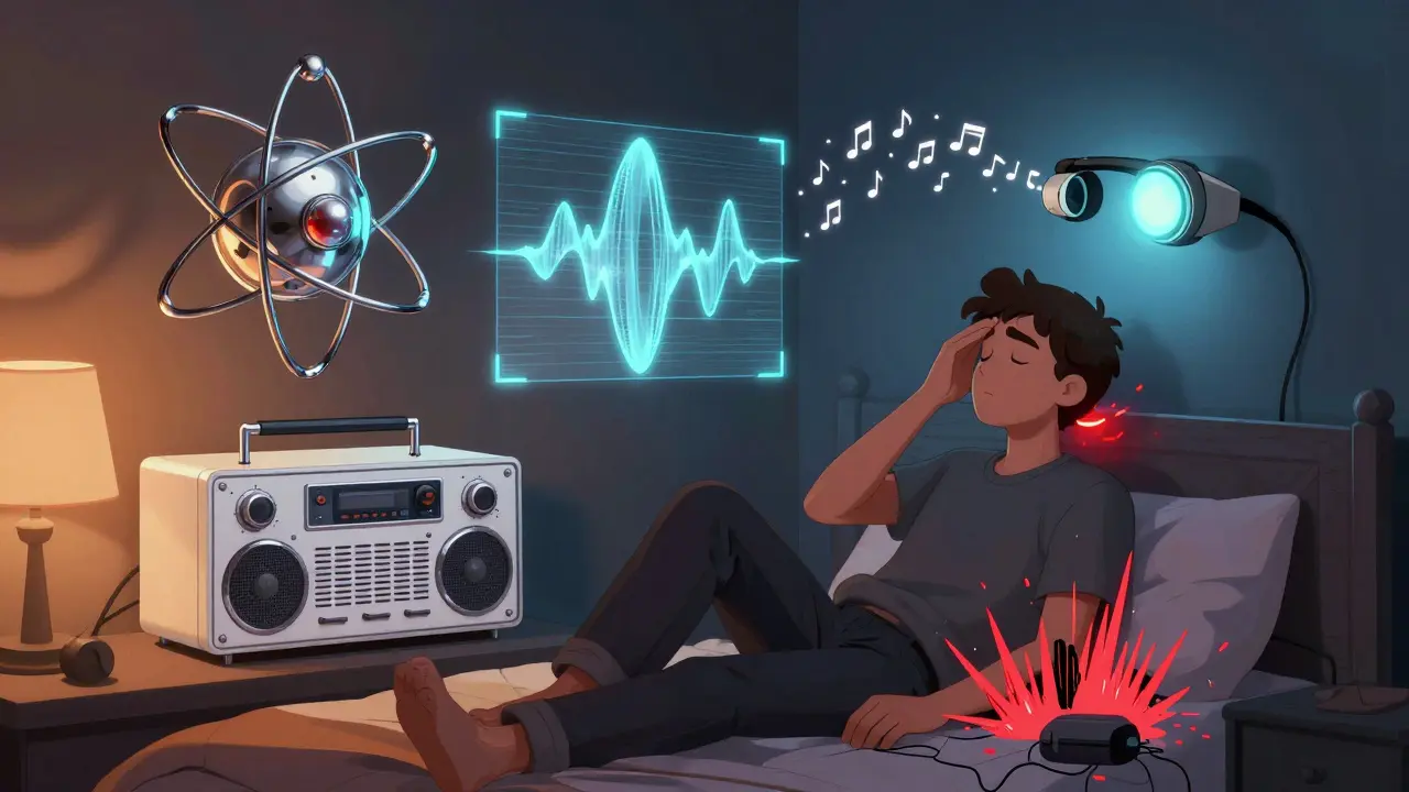 A person relaxing with floating sound therapy devices in a bedroom, calming noise masking tinnitus.