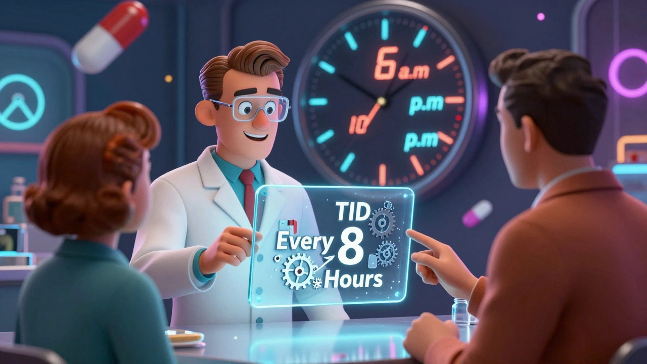 A pharmacist explains prescription labels using a holographic tablet that converts abbreviations into plain English.