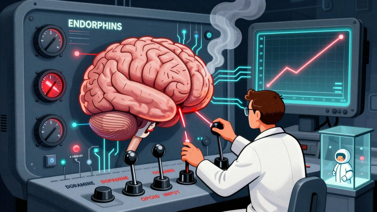 A retro-futuristic brain control room with dials dropping as opioid input rises, smoke rising from overheated circuits.