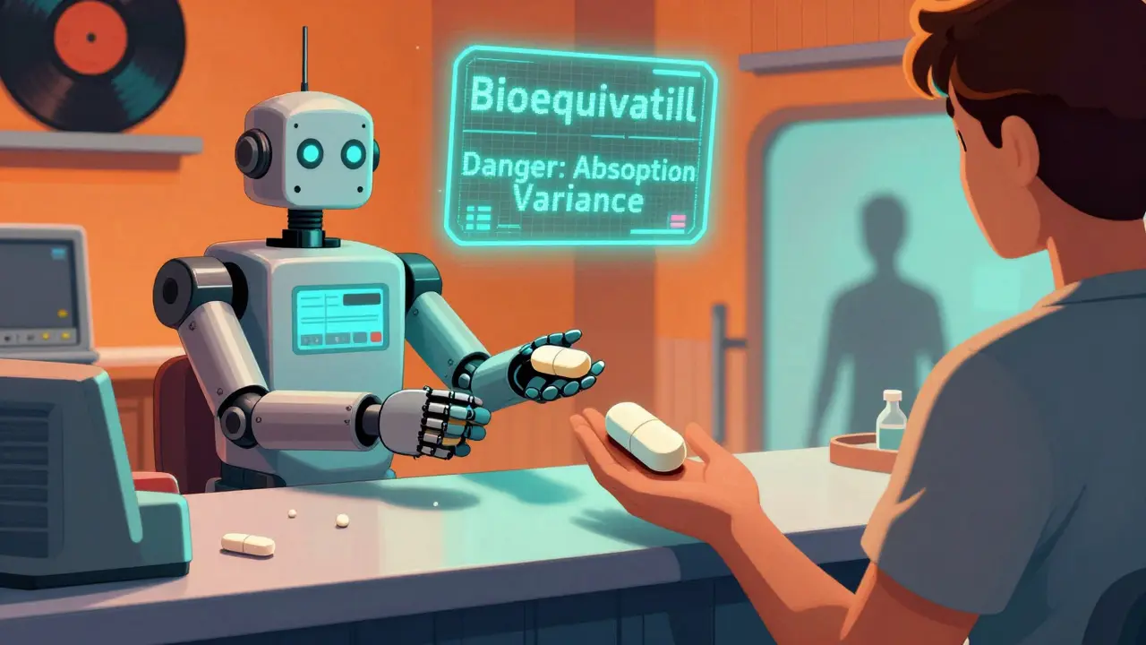A robotic pharmacist handing two different carbamazepine tablets with holographic absorption warnings at a 1980s-style pharmacy.