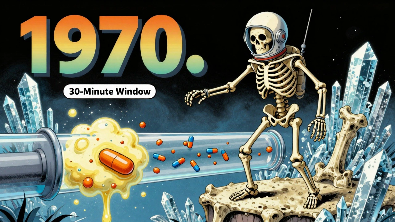 A skeleton in a helmet stands on strong bone as calcium and bisphosphonate pills fight in a vacuum tube with a 30-minute window.