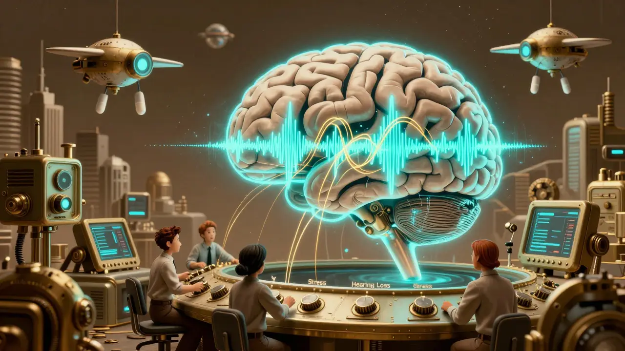 A steampunk brain control room where workers reduce tinnitus using therapy and sound.