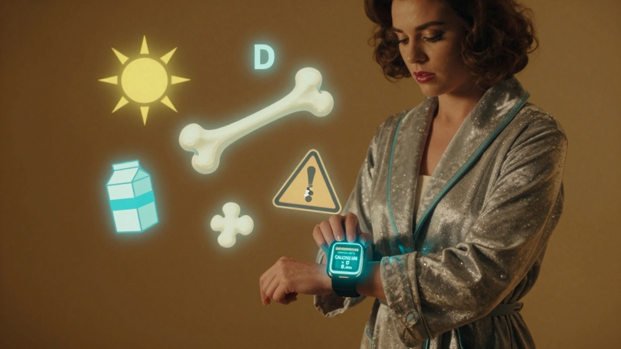 A woman sets alarms for osteoporosis meds, with a growing bone and floating vitamin D, milk, and fracture icons in retro-futuristic style.
