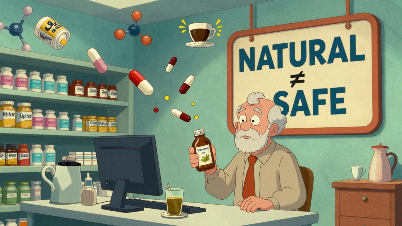 An elderly person in a surreal pharmacy with pills flying away as green tea extract causes chaos.