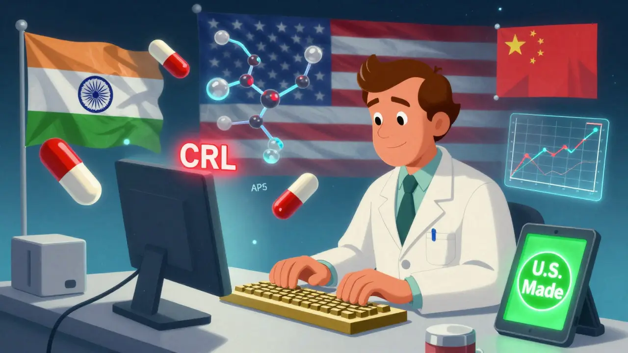 An engineer in a retro-space lab surrounded by floating drug models and a flashing CRL alert with a U.S. Made badge.