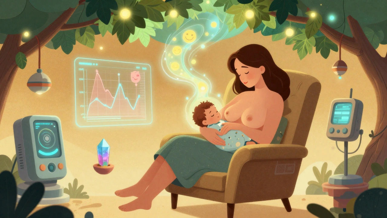 Breastfeeding mother with glowing riboflavin aura, surrounded by futuristic migraine-relief devices in a serene environment.
