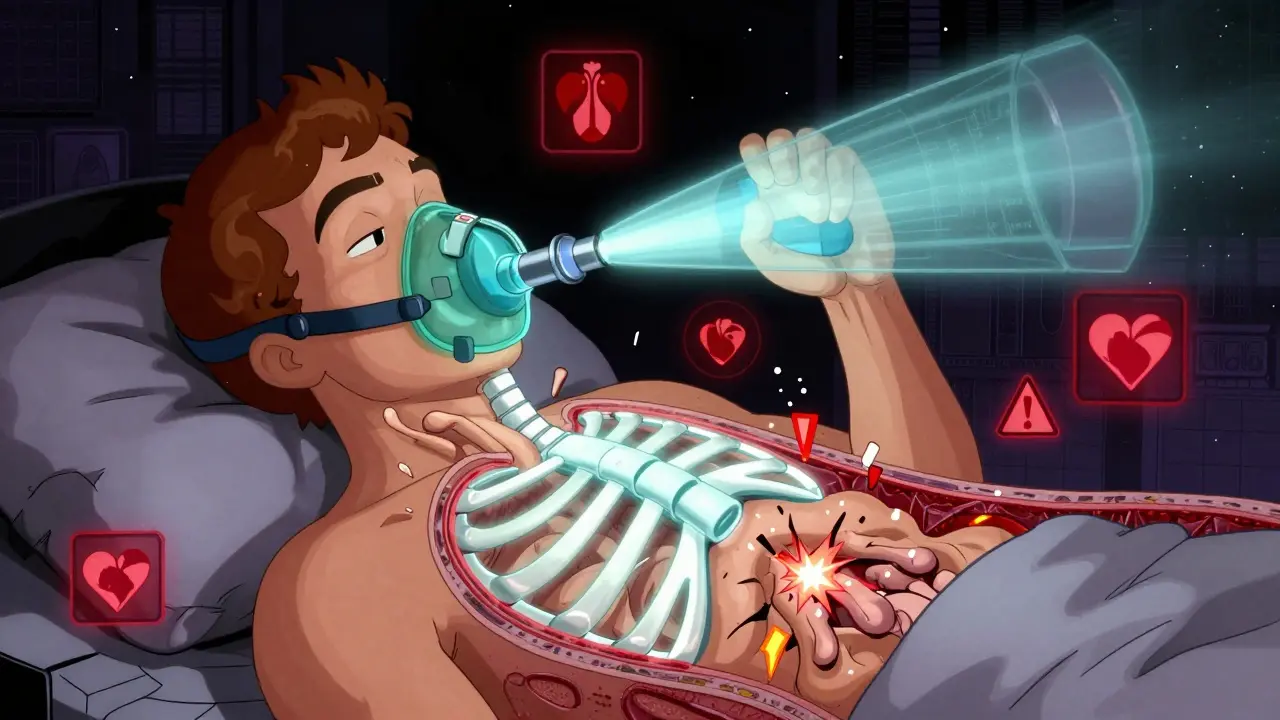 Cross-section of a body with a collapsed airway being propped open by glowing CPAP pressure, while danger symbols break apart around it.