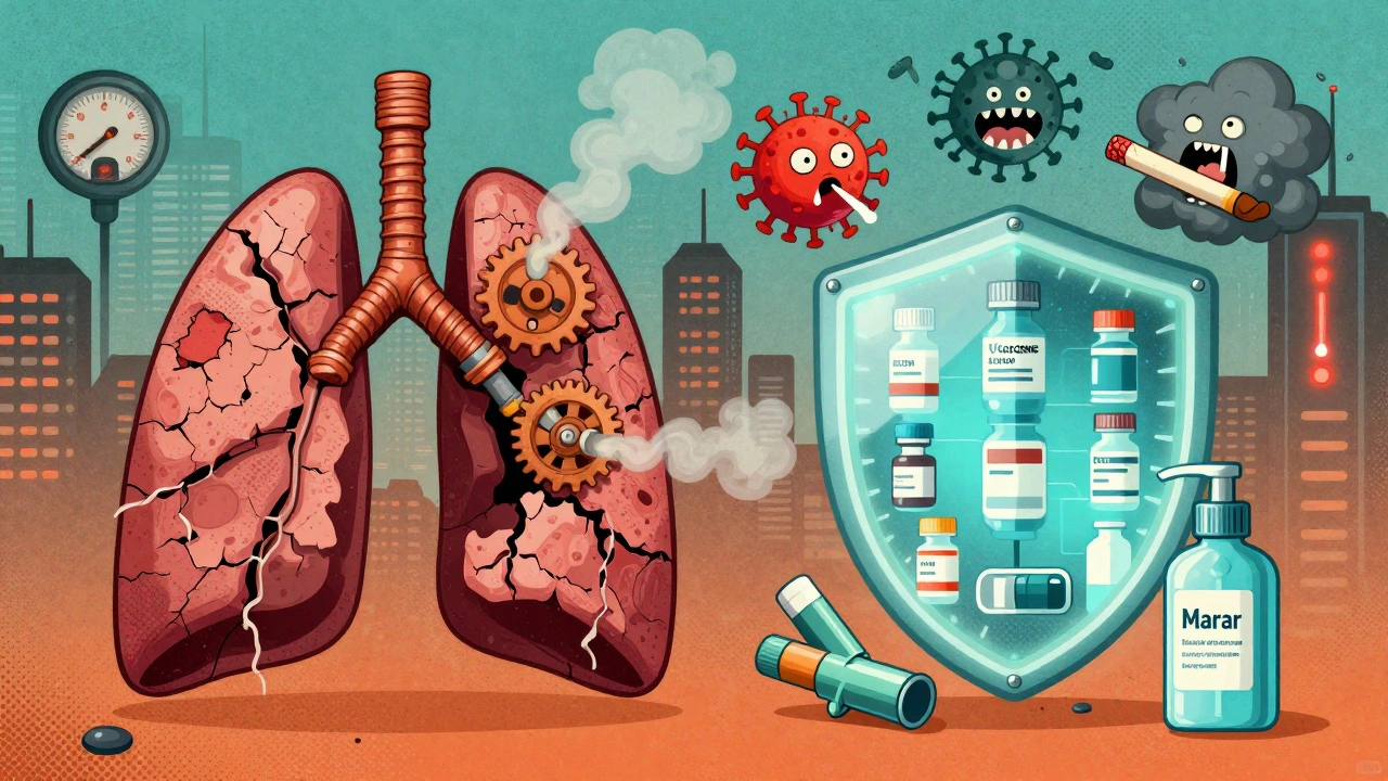 Crumbling mechanical lungs on one side, protected by vaccines and inhalers on the other, in a retro sci-fi style.