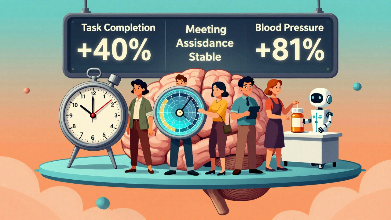 Diverse group on a brain-shaped platform using tools to improve ADHD management under a glowing scoreboard.