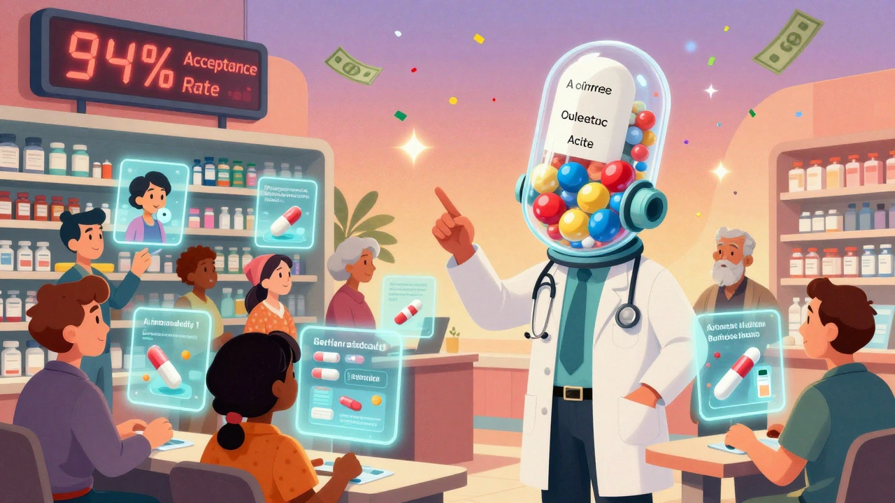 Diverse patients receive personalized generic education via floating holograms in a futuristic pharmacy with a scoreboard showing high acceptance.