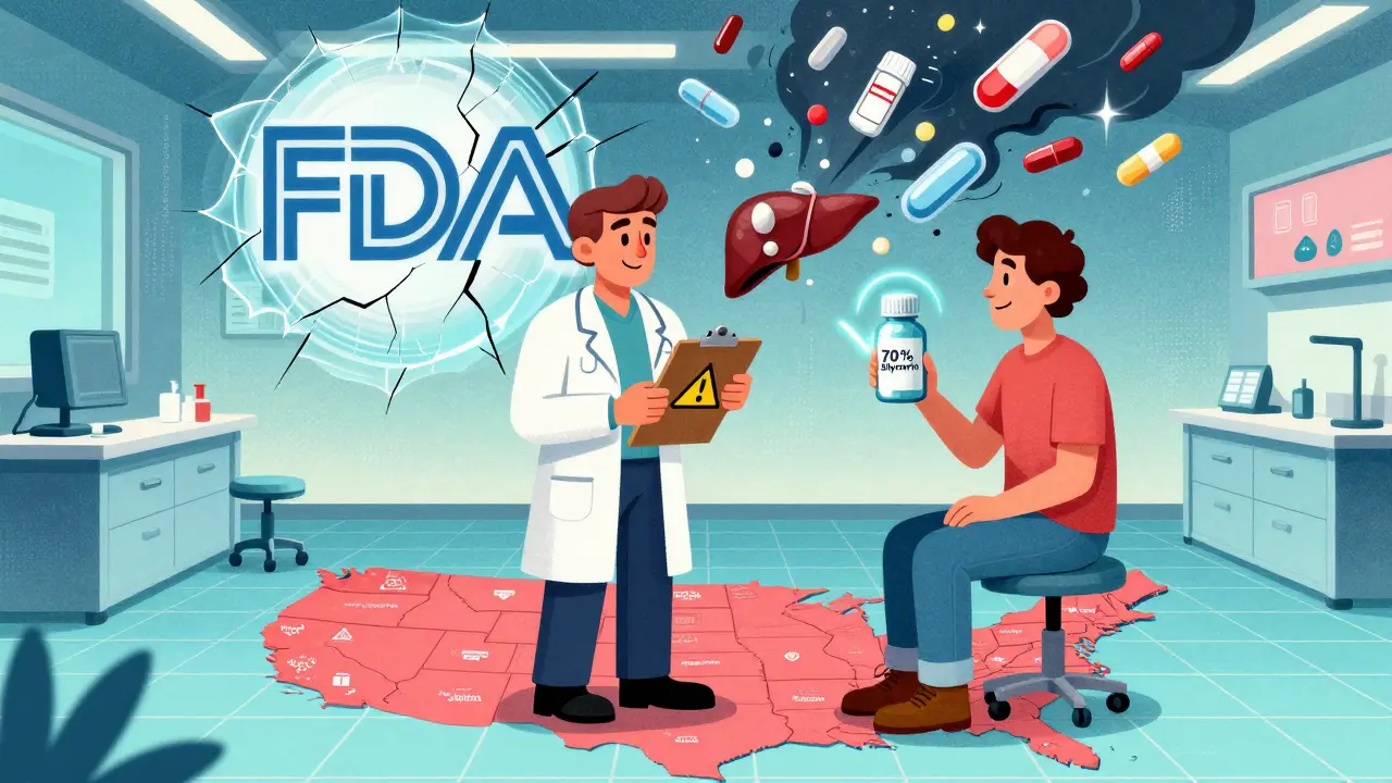 Doctor and patient in retro-futuristic clinic, with warning symbols swirling around milk thistle bottle.