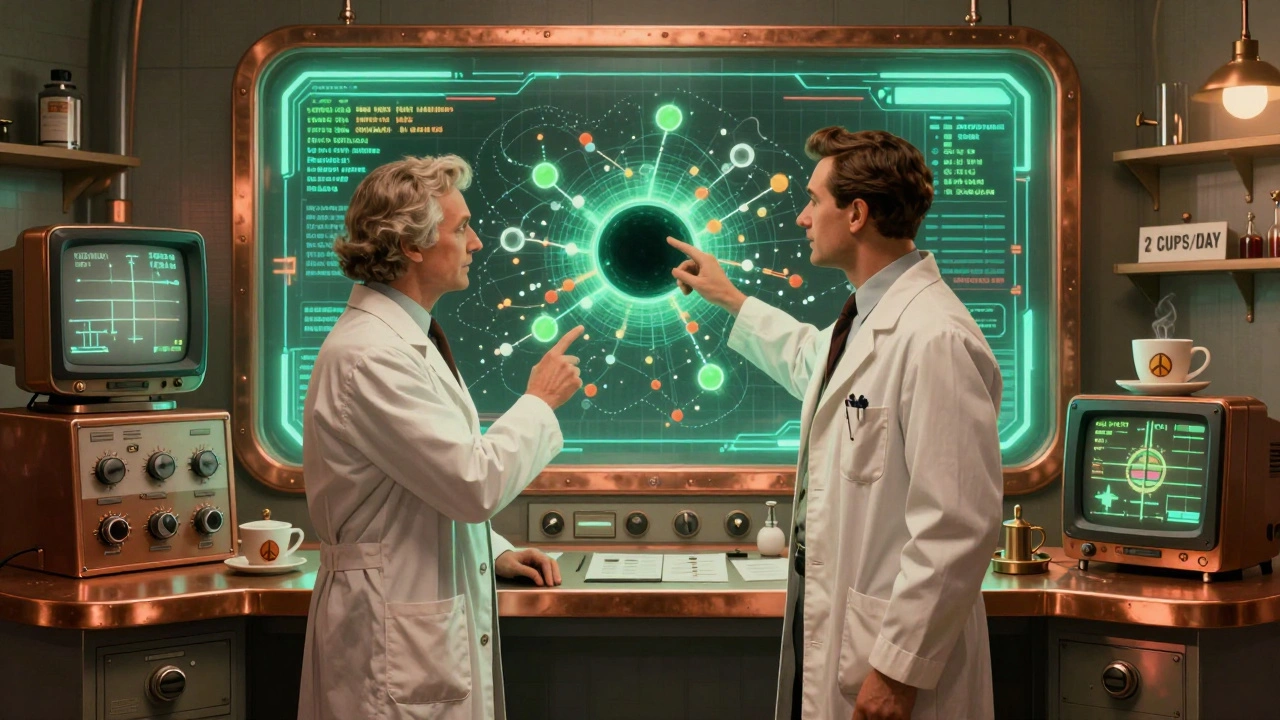 Doctors monitoring drug interactions on holographic screens, with green tea extract as a black hole in retro-futuristic lab.