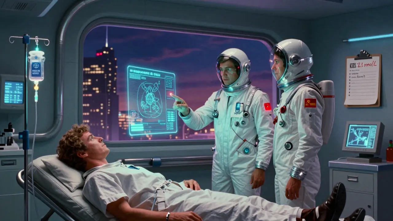 Emergency room scene with holographic ketone data and doctors in space-age suits, illustrating diabetic ketoacidosis alert.