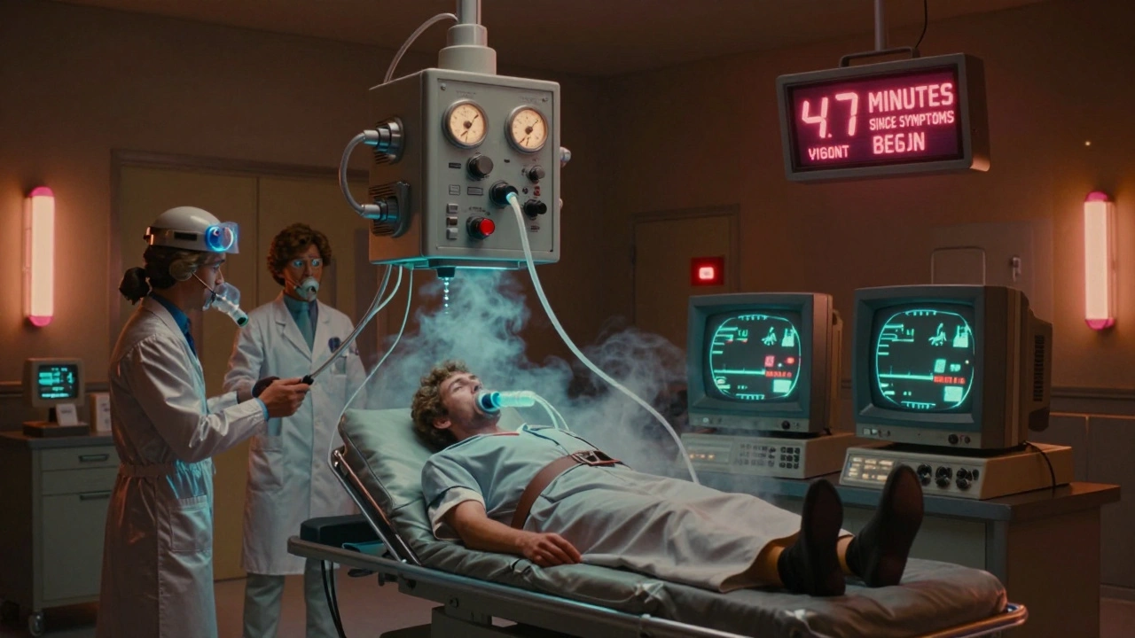 Emergency scene with a patient on a vintage BiPAP machine, glowing vitals screens, and neon warning lights.