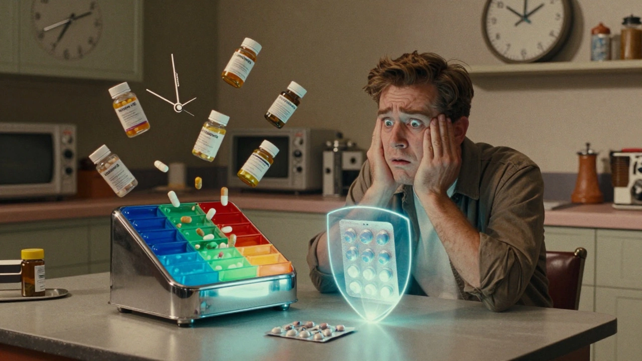 Man surrounded by chaotic pill bottles, protected by a glowing blister pack in a retro-futuristic setting.