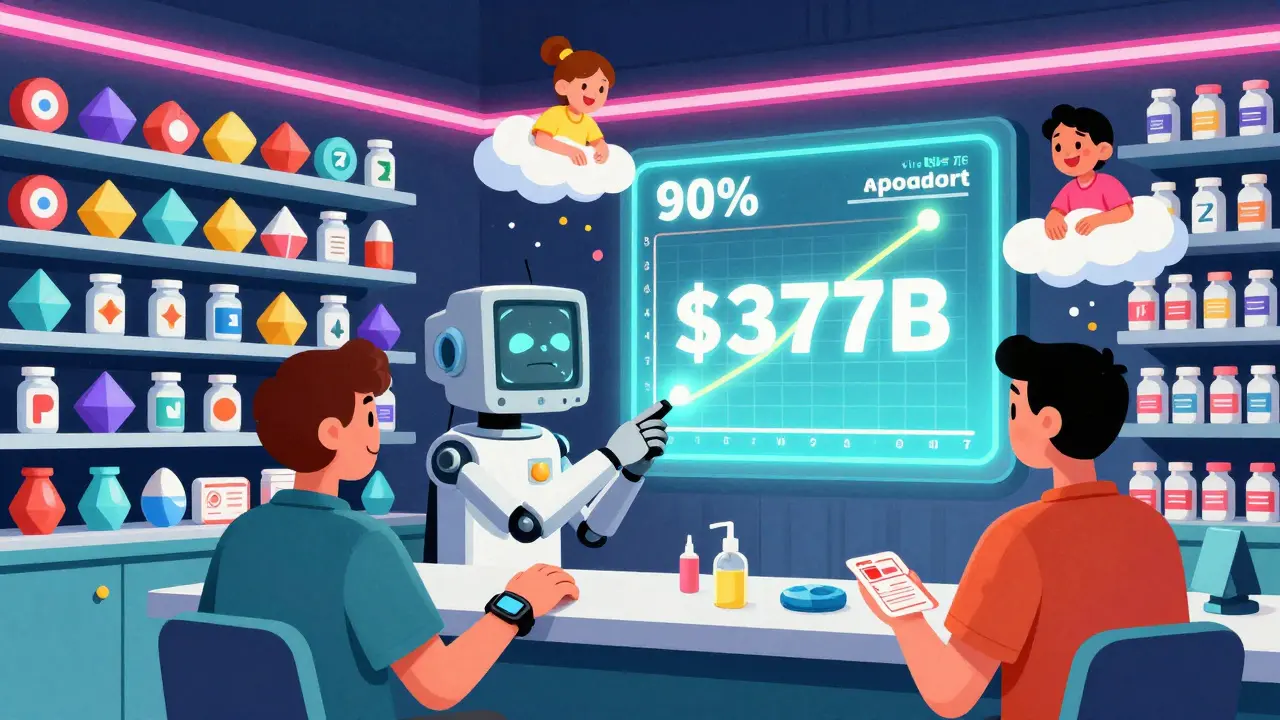 Neon pharmacy with robotic pharmacist projecting savings graph and colorful generic pills