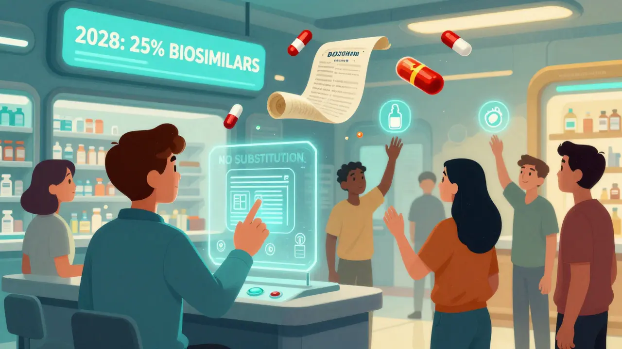 Patient blocks substitution at futuristic kiosk, biosimilars float nearby as unified law scroll appears in background.