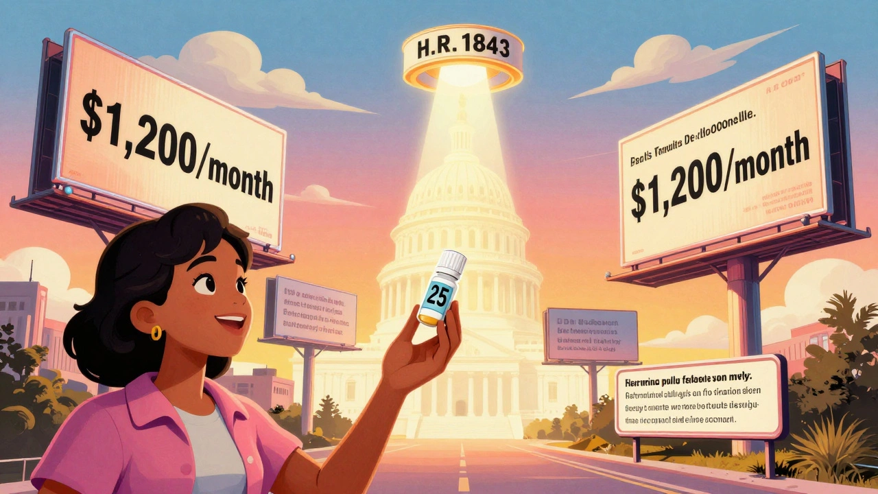 Patient holding cheap generic pill as it rises past expensive brand-name billboards under a legislative light beam.