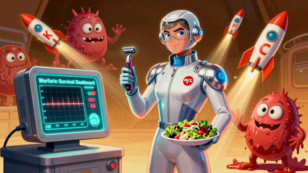 Patient standing beside a glowing dashboard, defeating bleeding monsters with vitamin K beams.