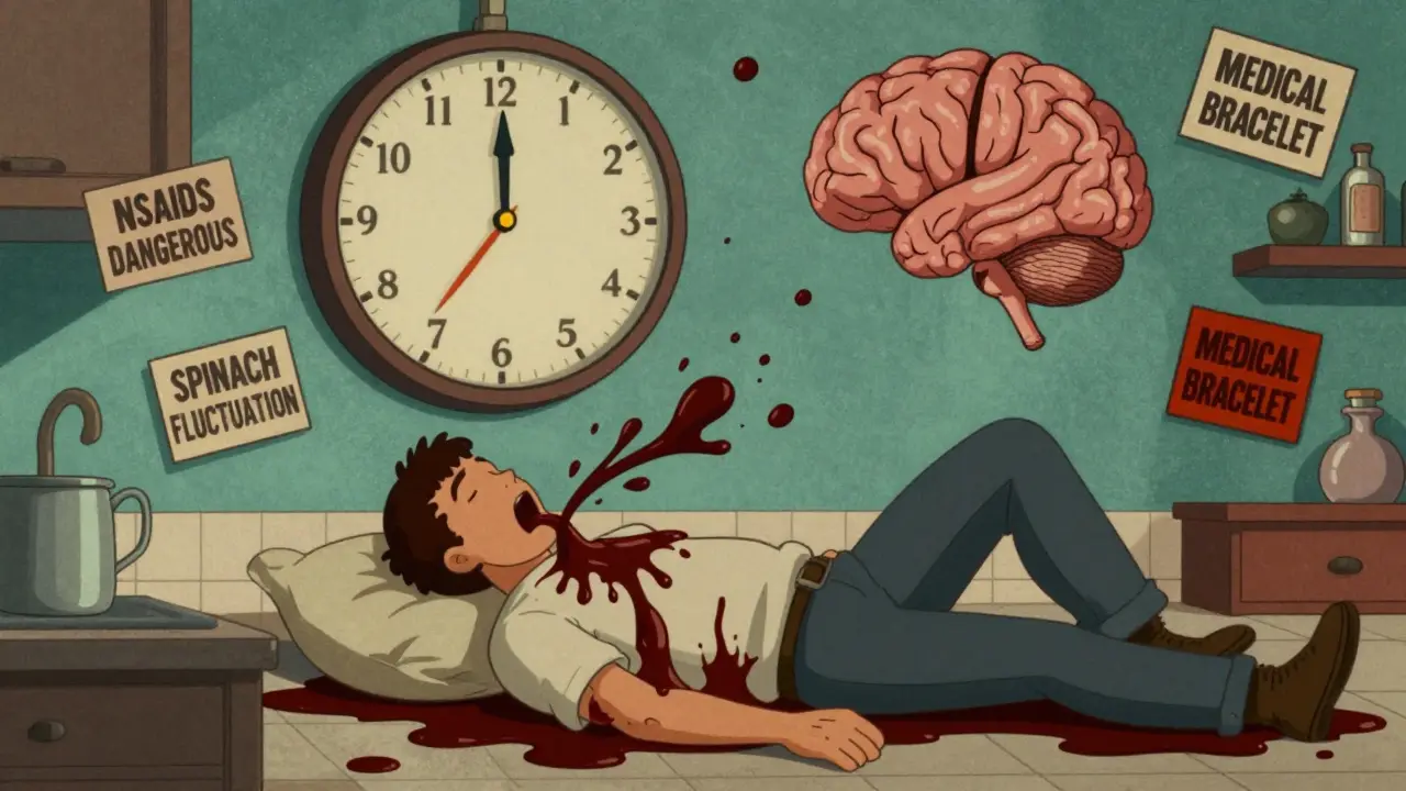 Person collapsing with dark blood swirling, surrounded by medical warnings in retro sci-fi style.