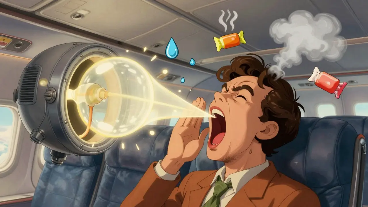 Person yawning in a vintage airplane, with a glowing tube popping open and floating steam and gum icons around them.