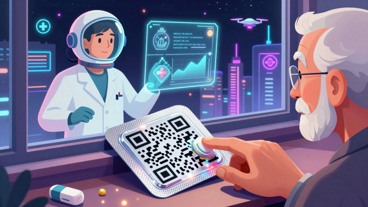 Senior opening a smart blister pack with holographic pharmacist explaining medication in retro-futuristic style.