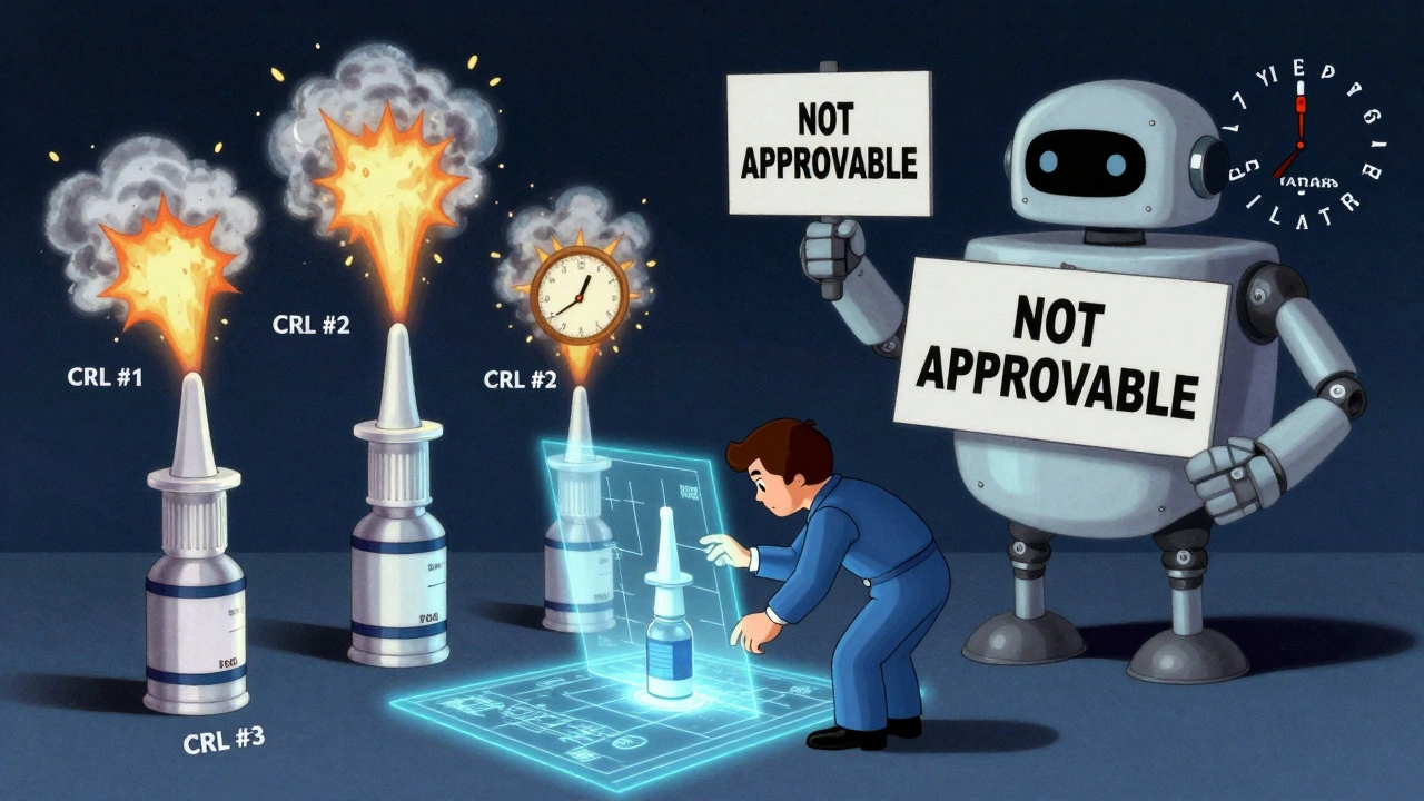 Small worker surrounded by failed drug prototypes, facing a vague FDA robot in a retro-futuristic lab.