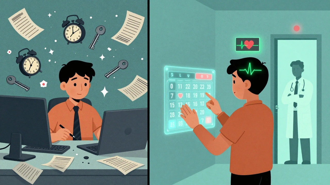 Split illustration showing chaotic vs. organized adult ADHD life with a glowing ECG monitor.