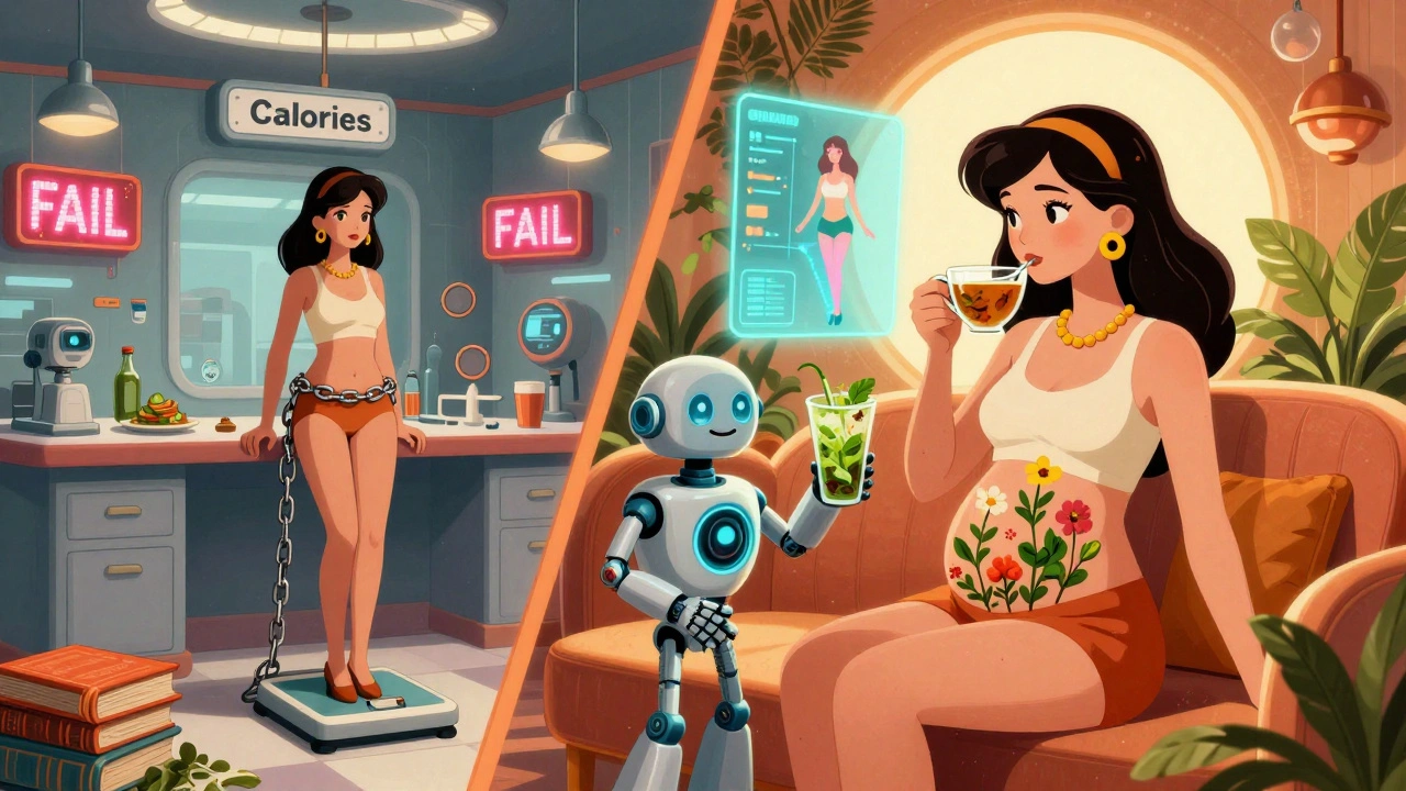 Split scene: left shows a woman trapped in a diet dystopia, right shows her thriving in a retro-futuristic healthy lifestyle with a robot serving a nutritious smoothie.