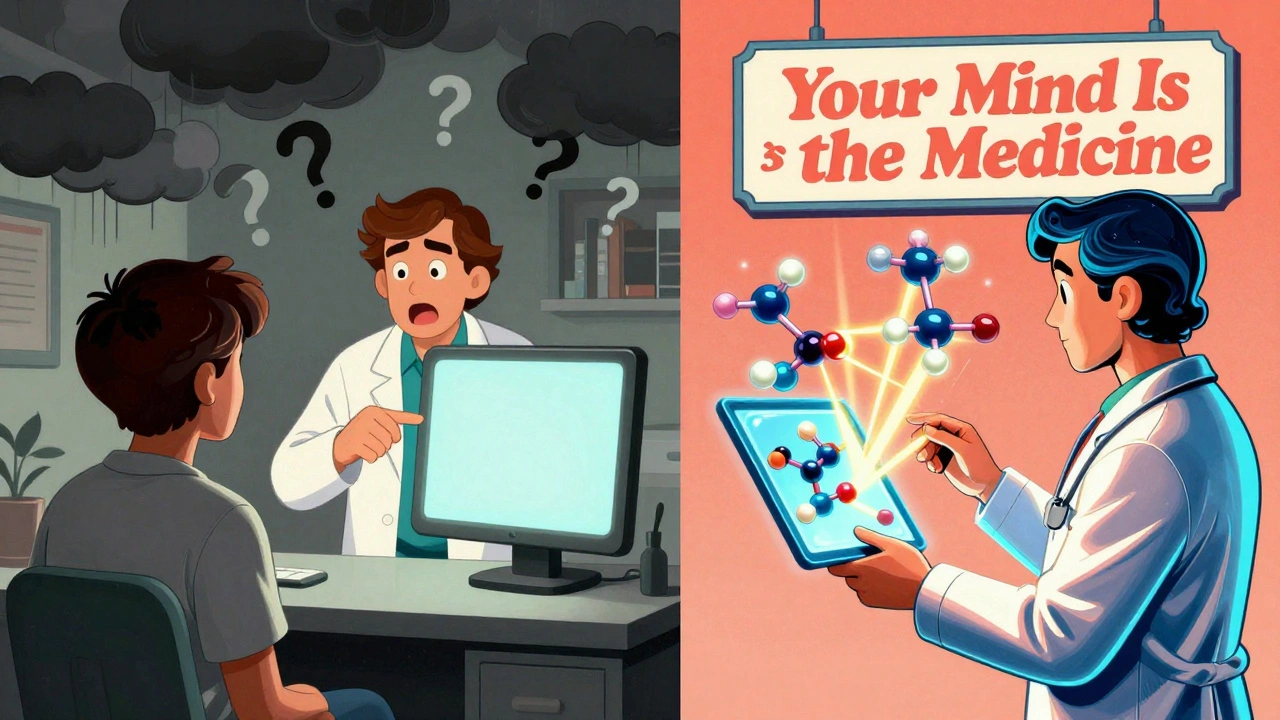 Split scene: one patient confused by silence, another calm as holograms show identical drug structures in vibrant light.