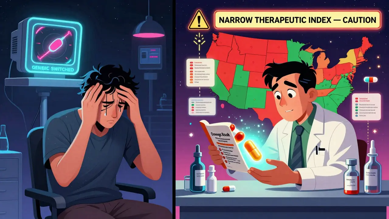 Split scene: patient has seizure after generic switch, pharmacist consults glowing drug database with state law maps.