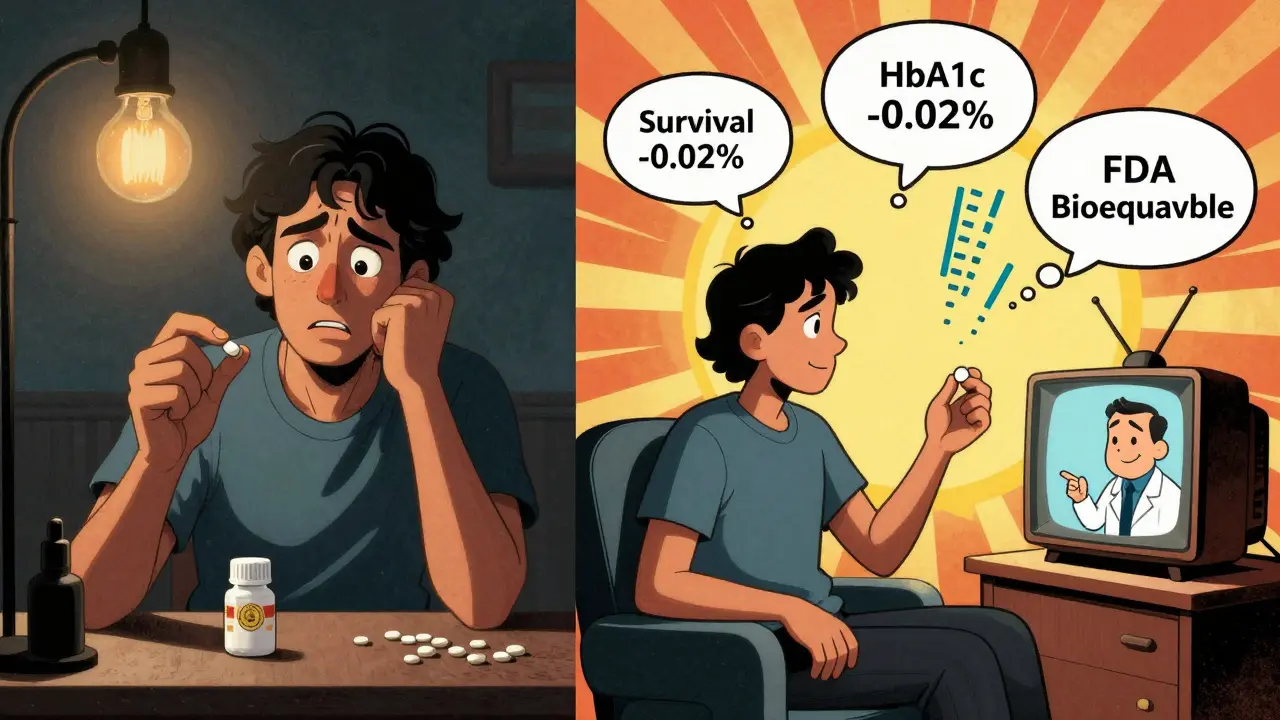 Split scene: worried patient with brand pill vs. calm patient with generic under FDA sunburst