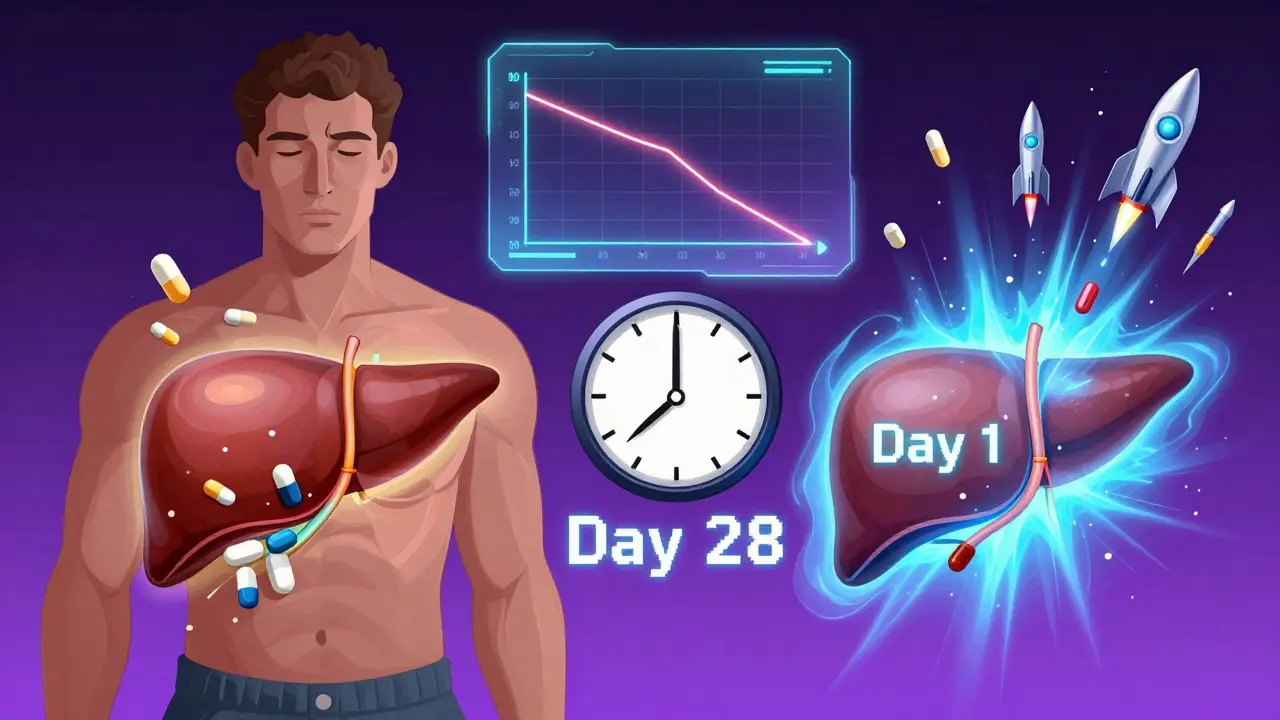Split-screen of liver enzyme activity changing over 28 days of milk thistle use.