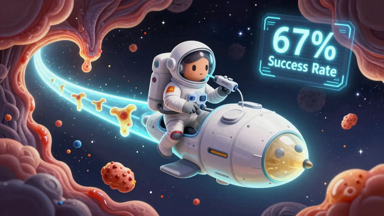 Tiny astronaut inflating a balloon in a glowing Eustachian tube while avoiding mucus blobs and pollen asteroids.