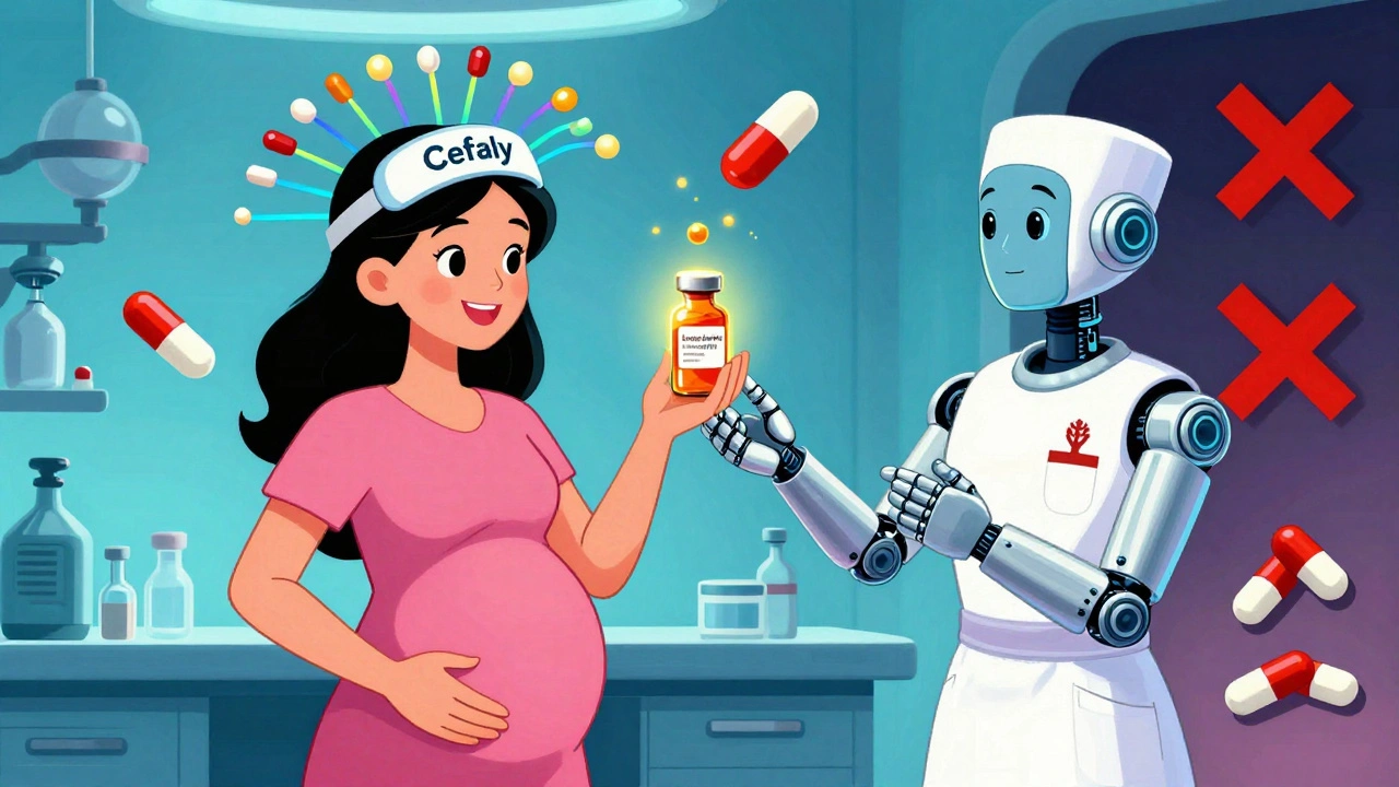 Woman using a Cefaly headband in a futuristic clinic, with safe and unsafe migraine medications displayed in glowing contrast.