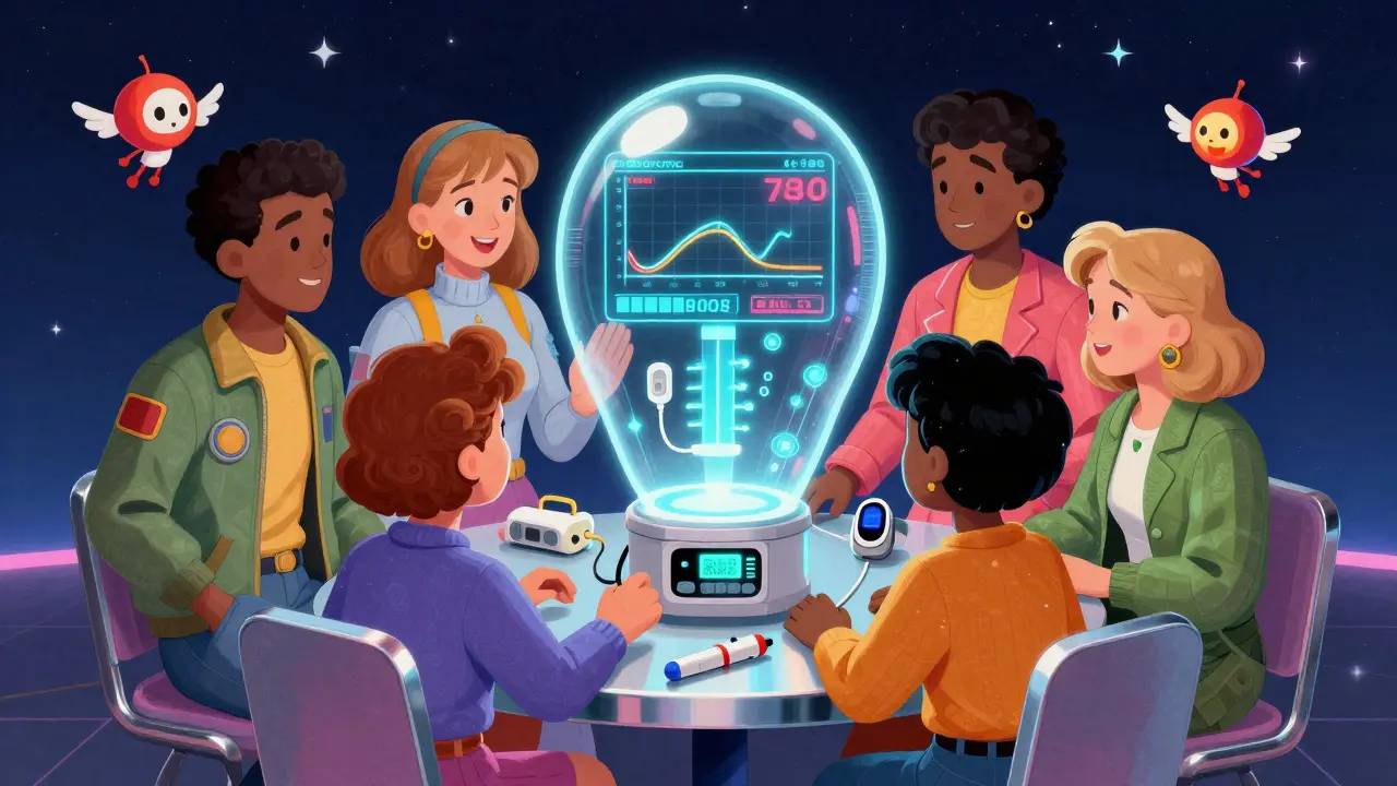 A family watches a holographic blood sugar dashboard as a pump projects a protective insulin bubble around them.