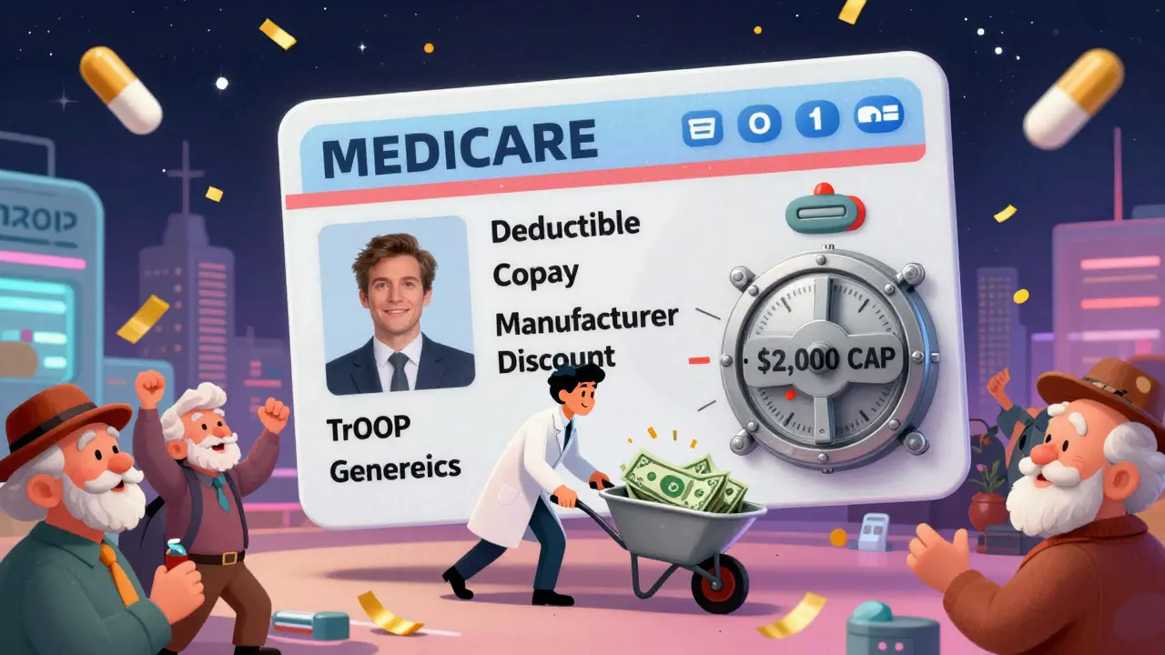 A floating Medicare card with cost dials releases pill-shaped confetti as seniors celebrate.