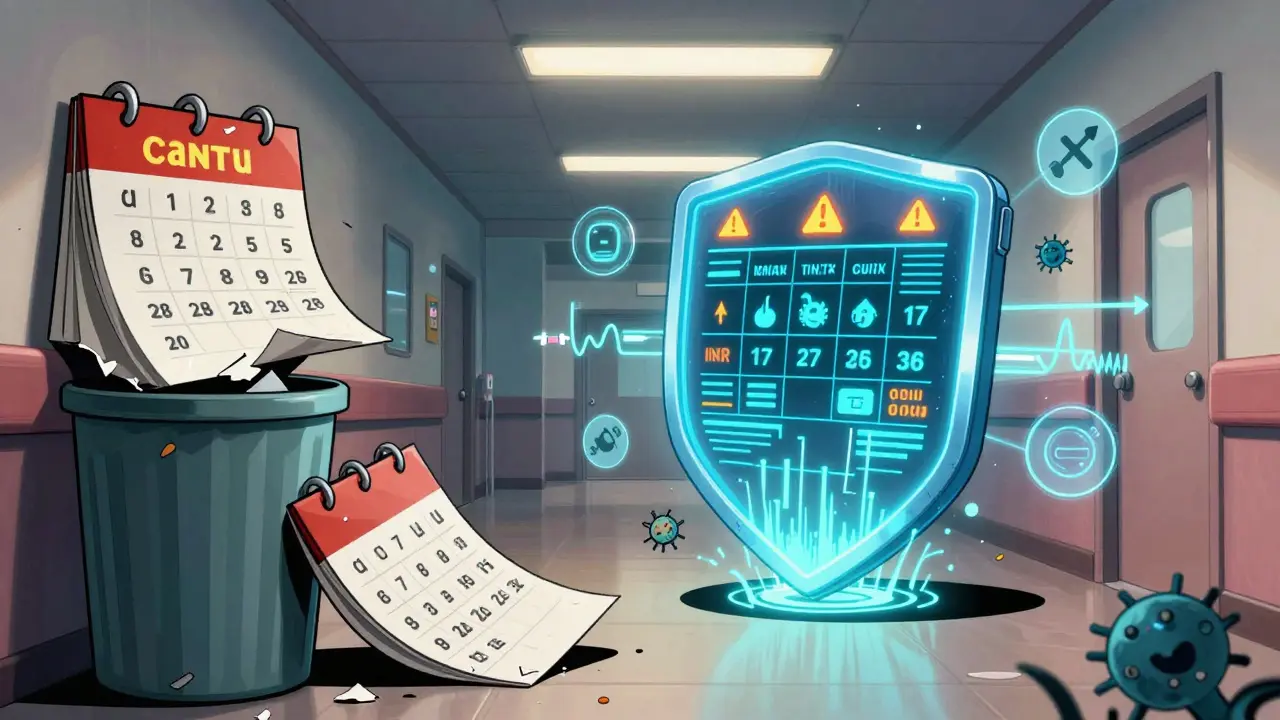 A futuristic digital calendar rising as a protective shield while a paper calendar falls.