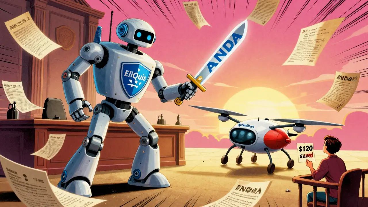 A generic drug drone battles a patent-shielded brand-name robot in a courtroom made of legal documents.