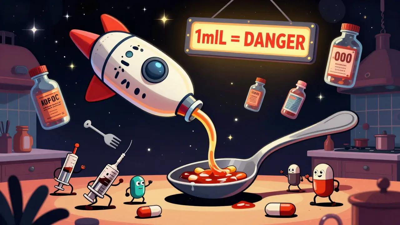 A giant medicine dropper pouring liquid opioid into a kitchen spoon, with panicked pills in the background.