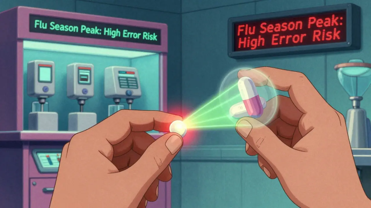 A hand compares a pill to a floating transparent image, with colored light beams highlighting differences in shape and color.