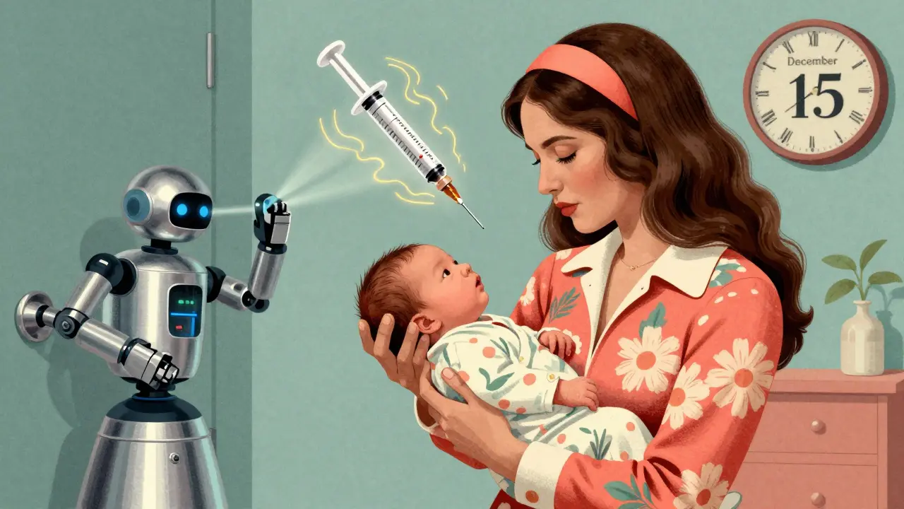 A mother holds her baby as a glowing vaccine syringe emits protective waves in a 1970s-style room.