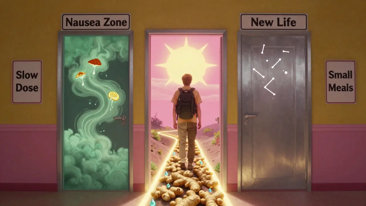 A patient chooses between nausea and health on a path lined with ginger and water droplets.