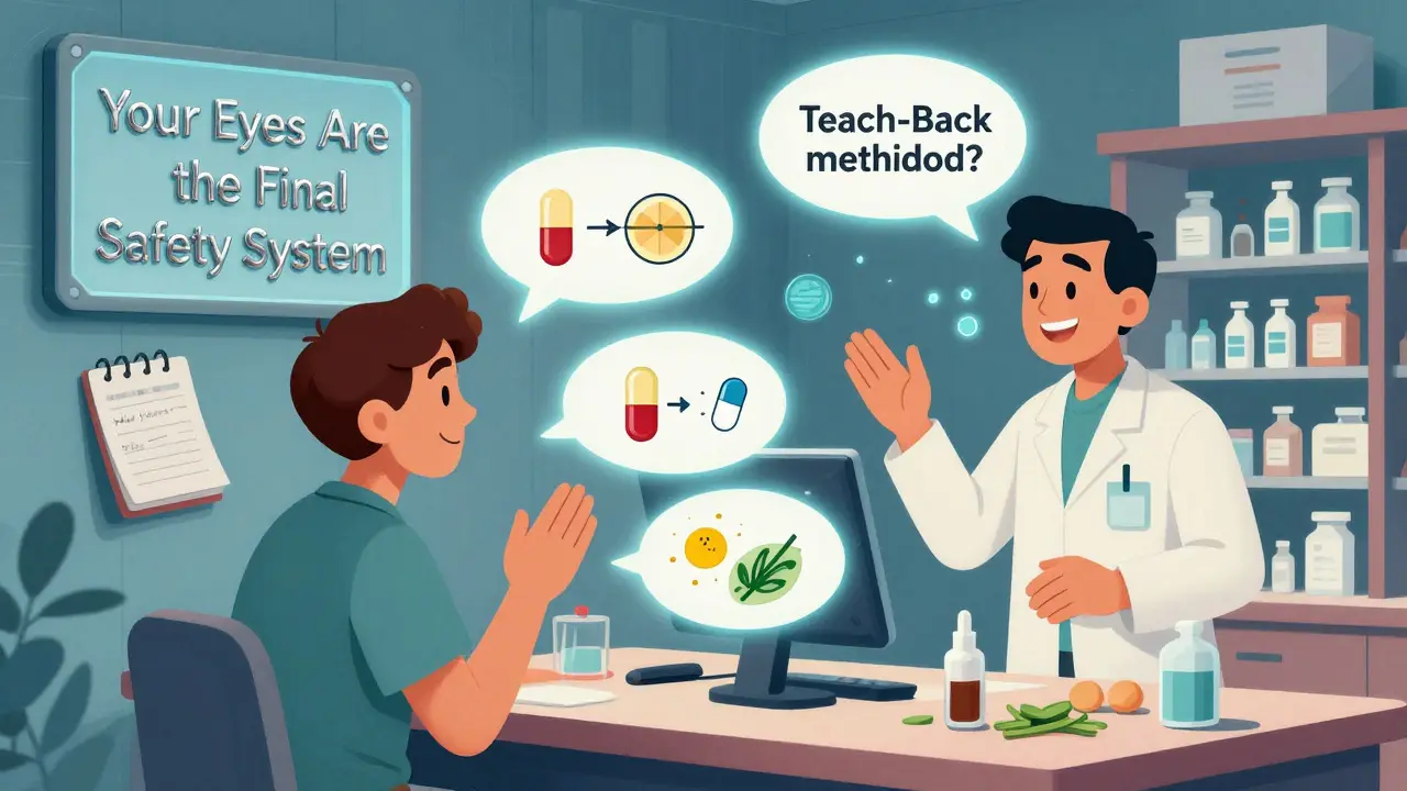 A patient repeats medication instructions as speech bubbles turn into visual guides, with a retro-futuristic safety notice in the background.