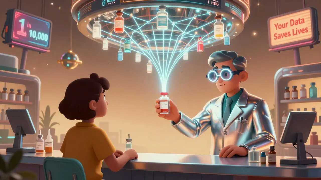 A pharmacist hands a prescription connected by glowing threads to a sky-wide patient data network.