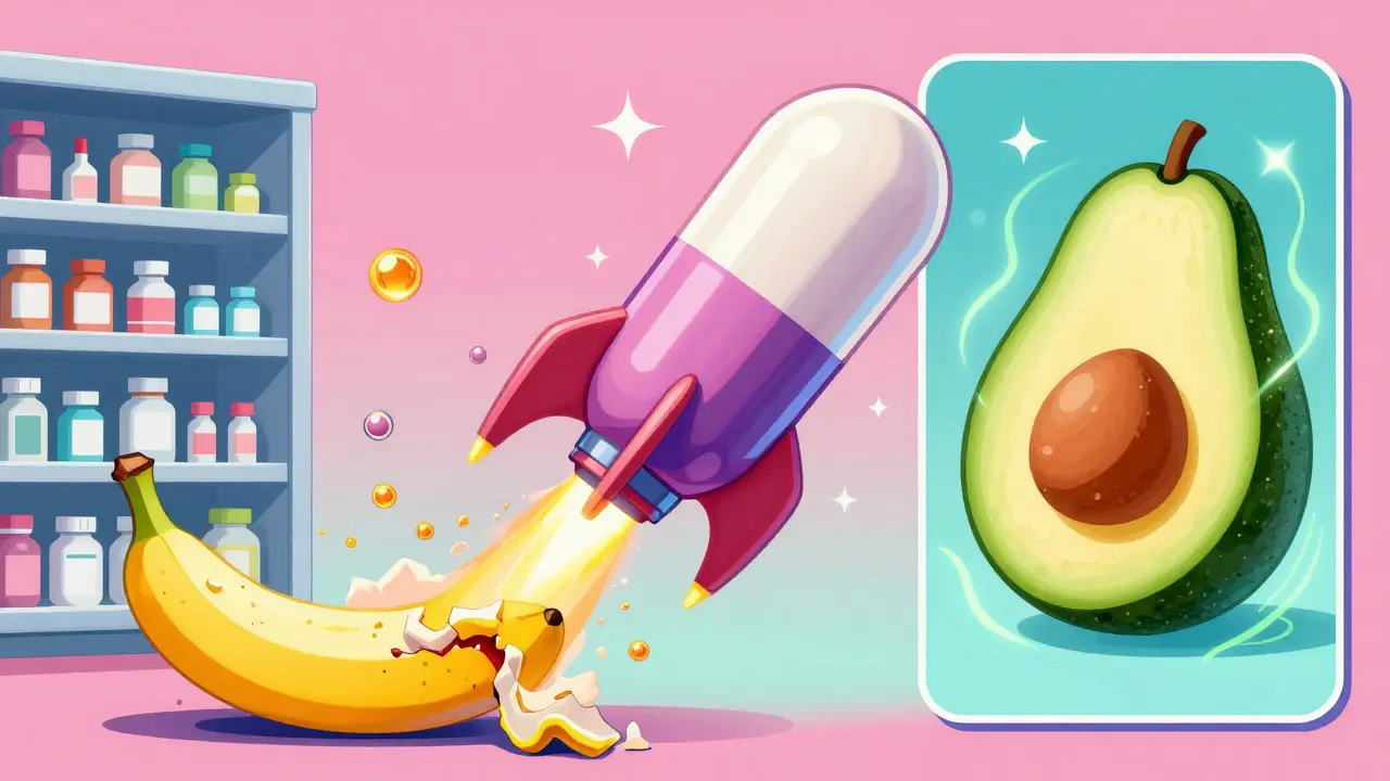 A rocket-shaped lipid pill launching into the bloodstream, with avocado and banana contrasted in retro-futuristic style.